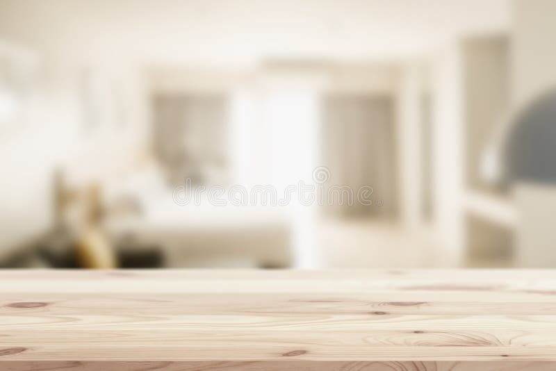 Wooden Table Top in Home or Hotel Bed Room Blur Background for Montage  Sleeping or House Products Display or Backdrop Design Stock Image - Image  of frontal, bedroom: 217442995