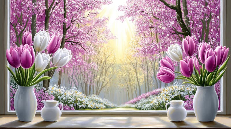 A wooden table top sits in front of a blurred window with a garden flower background in the morning stock photography