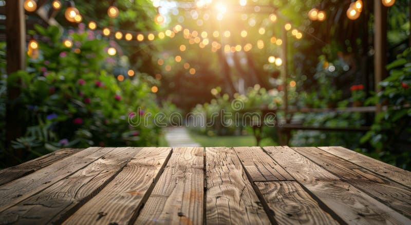 Wooden Tabletop With String Lights in Evening Garden royalty free stock photos
