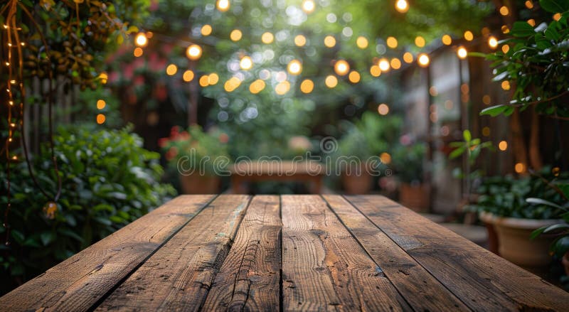 Wooden Tabletop With String Lights in Evening Garden stock photo