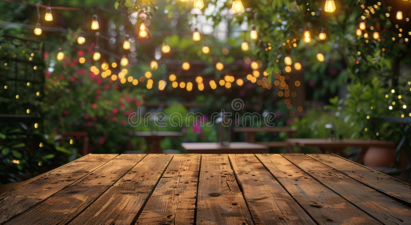 Wooden Tabletop With String Lights in Evening Garden stock photos