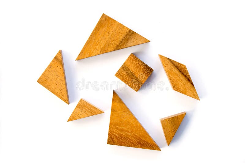 Wooden tangram puzzle in seven piece wait for fulfill on white background