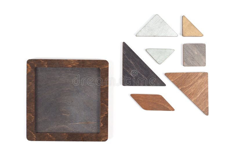 Wooden tangram puzzle in square shape wait for fulfill on white background. White background