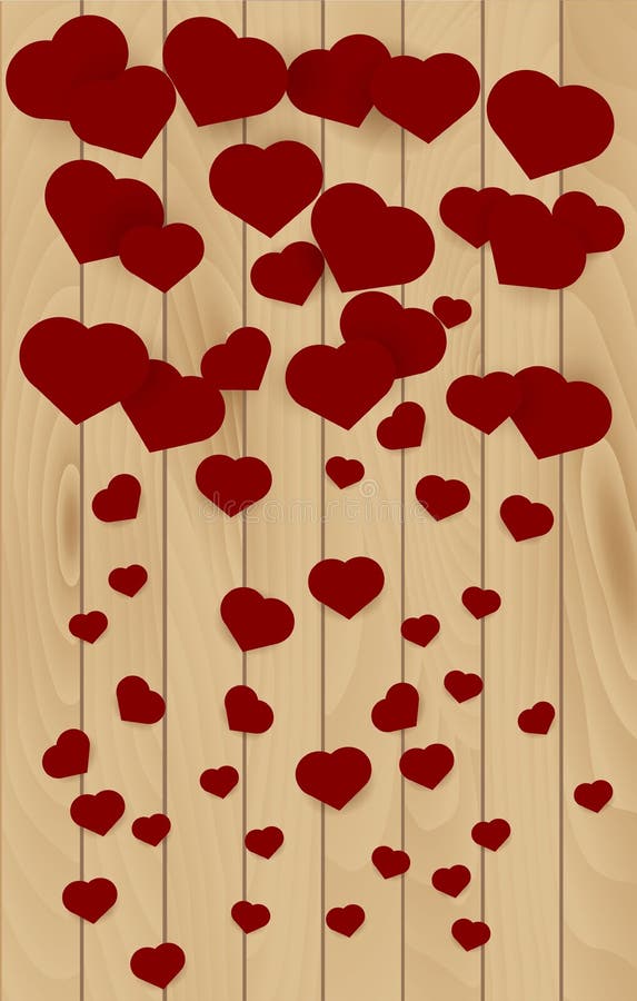 Wooden Texture Background with Red Hearts. Falling Effect Stock Vector