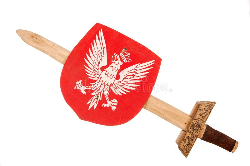 Wooden toy sword and shield a coat of arms of Poland