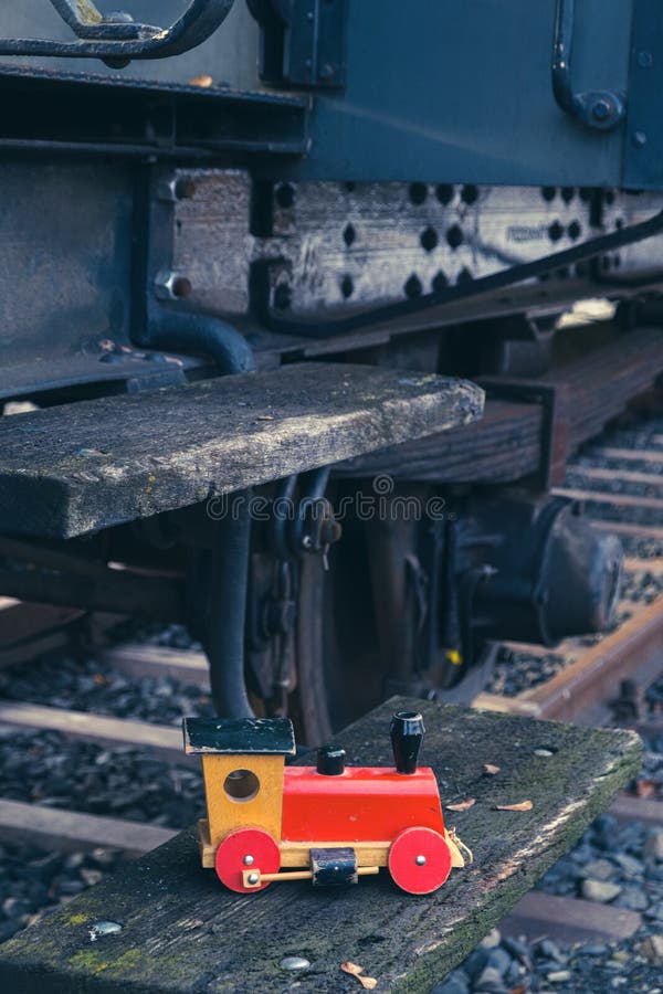 Wooden Toy Train on Steps of an Historic Big Train Stock Image Image of retro, journey 219302245