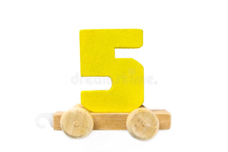 Wooden toy train with track numbers five. Learn, make. Wooden number five. Children s school concept. Educational games