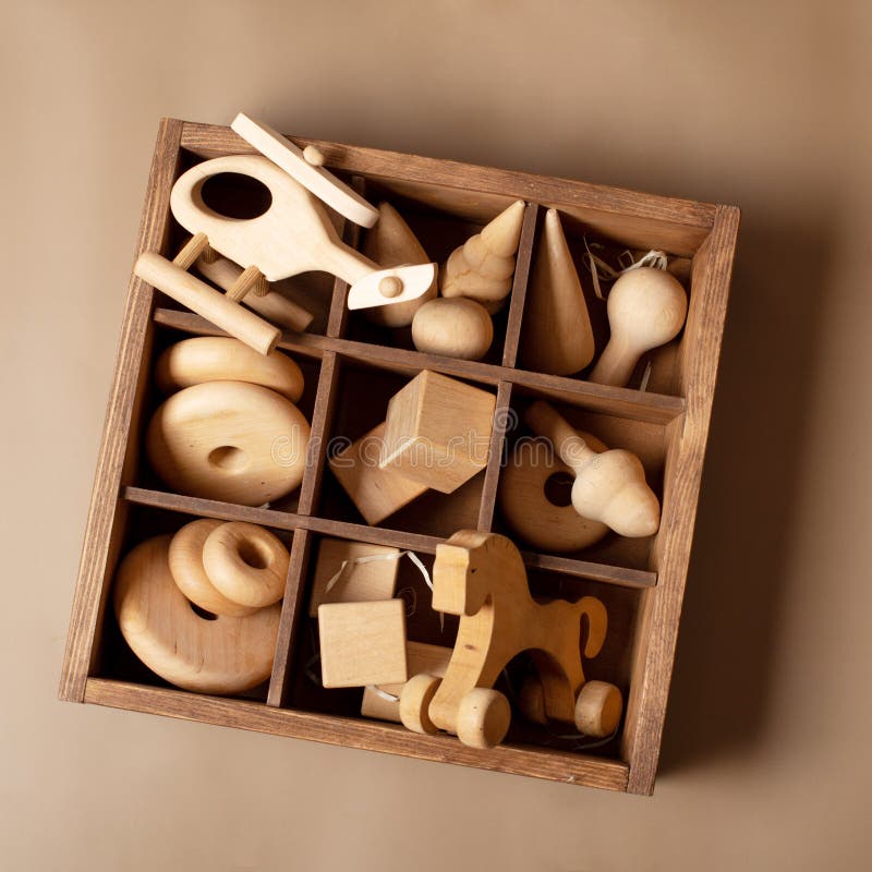 Wooden Toys, a Set of Wooden Toys in a Box Stock Image Image of