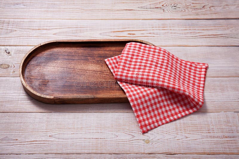 Wooden Tray and Napkin on White Wooden Table. Empty Tray Mock Up for