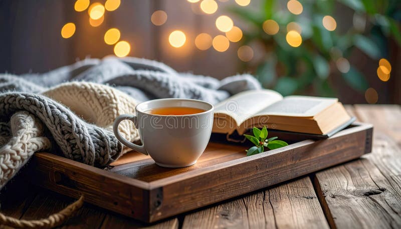 A wooden tray with a white cup of tea and a book on it stock illustration