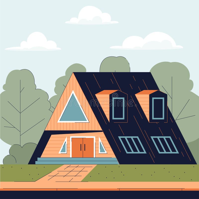 Wooden triangular country house with two floors vector illustration