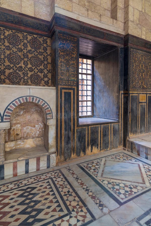 Ottoman historic house of Moustafa Gaafar, Darb Al Asfar District, Cairo, Egypt with decorated wooden wall and marble floor royalty free stock photo Ottoman historic house of Moustafa Gaafar, Darb Al Asfar District, Cairo, Egypt with decorated wooden wall and marble floor royalty free stock photo