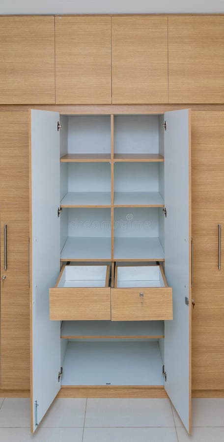 Wooden Wardrobe with Open Doors and Shelves Stock Image - Image of ...