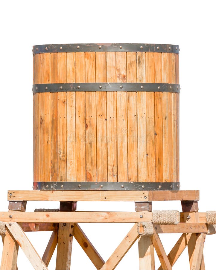 Wooden water tower with steel ring isolated