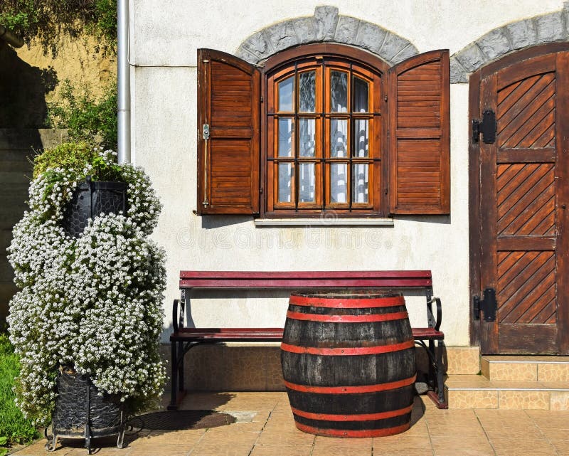 Wooden window and door of an old house stock images