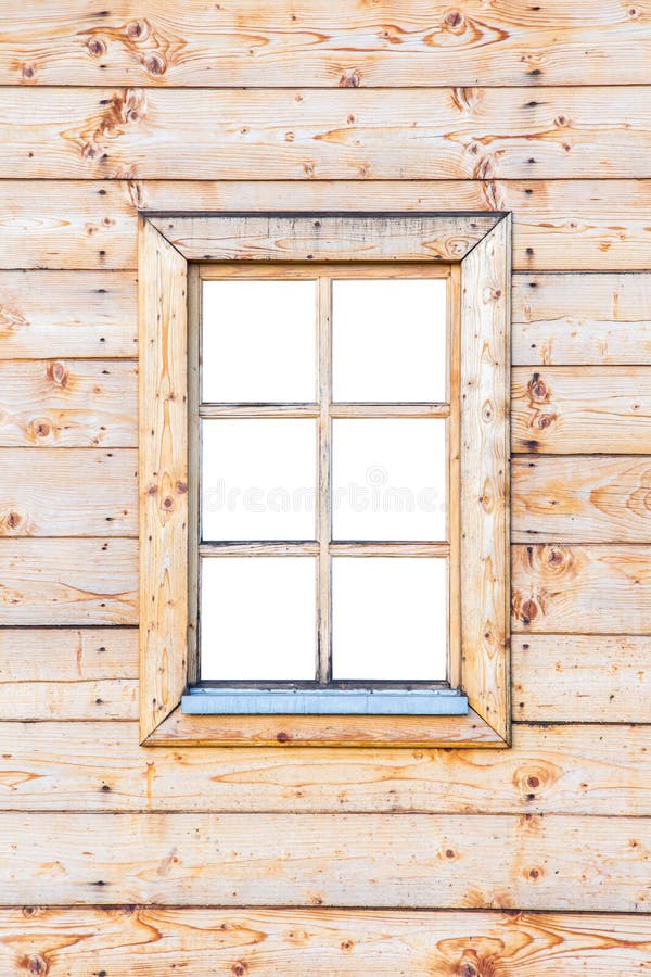 Wooden Window Frame in Plank Wall Isolated on White Background Stock
