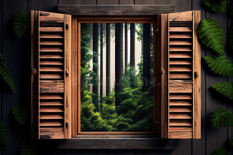 Wooden Window with Louver and View of Lush Forest Stock Photo Image