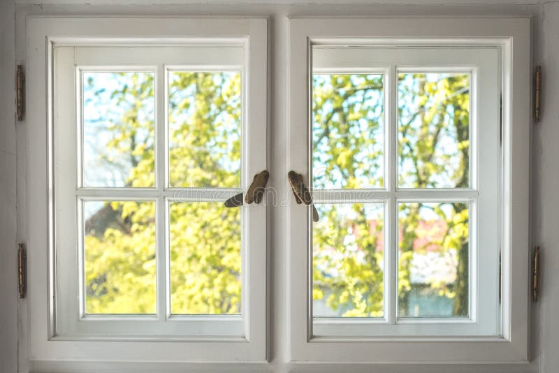 Wooden window with sunny garden view - looking through old double windows