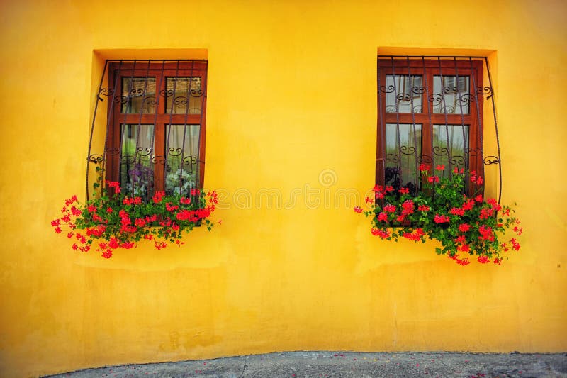 Wooden windows decorated with flowers