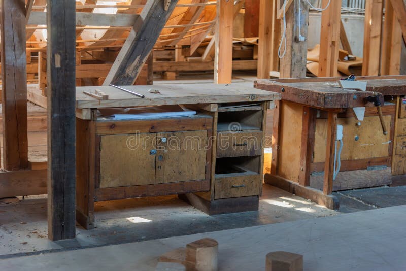 Wooden workbench joiner's workplace, carpentry shop. natural light royalty free stock photos