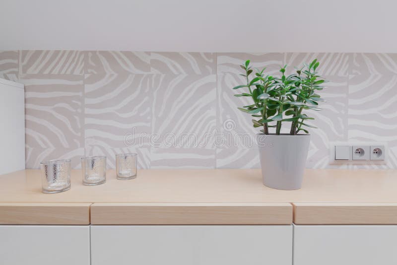 Wooden worktop and modern backsplash