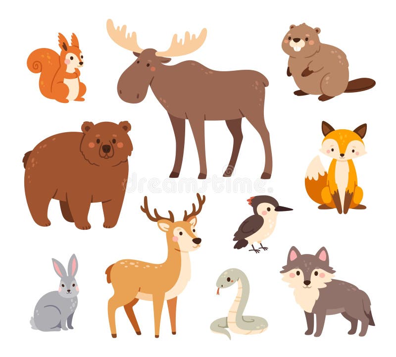 Woodland Animals. Cute Forest Bear, Fox and Hare, Wolf and Deer, Badger