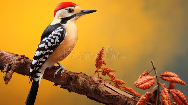 a bird perches on a branch against a vibrant yellow backdrop, reminiscent of the artistic styles of caras ionut, chen zhen, and cicely mary barker. the image captures the essence of red and orange hues, creating a visually striking composition. with a sharp focus, this photo embodies the unique aesthetic of snailcore. ai generated. a bird perches on a branch against a vibrant yellow backdrop, reminiscent of the artistic styles of caras ionut, chen zhen, and cicely mary barker. the image captures the essence of red and orange hues, creating a visually striking composition. with a sharp focus, this photo embodies the unique aesthetic of snailcore. ai generated