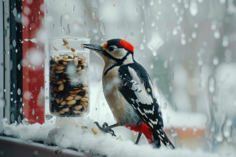 Woodpecker Eats Seeds and Nuts from a Feeder on the Window Stock Image
