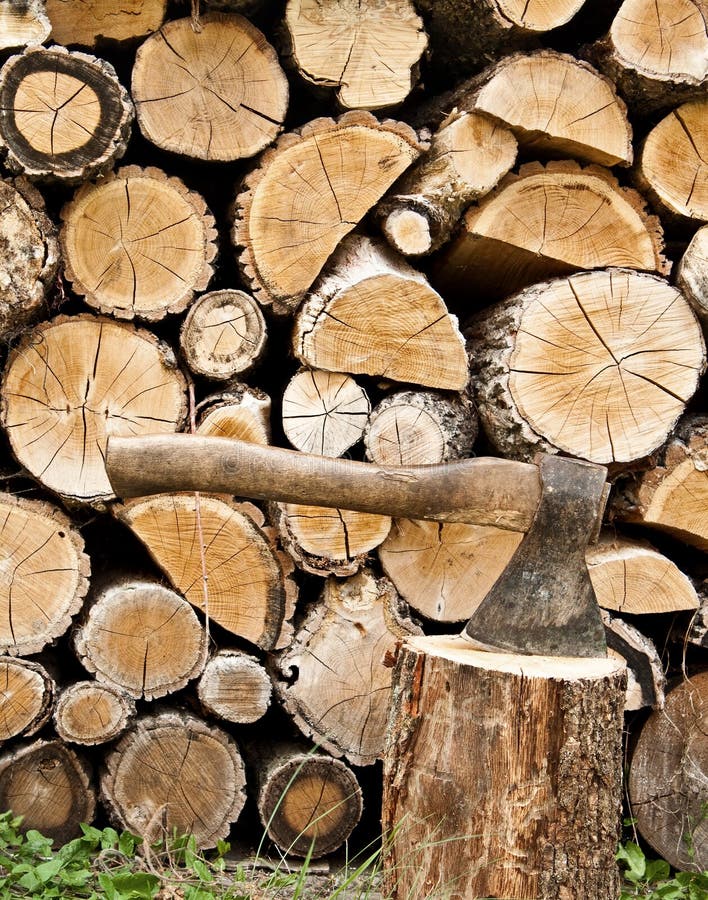 Woodpile and axe