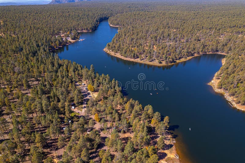 Woods Canyon Lake Surrounded by Forests, Aerial View Stock Image