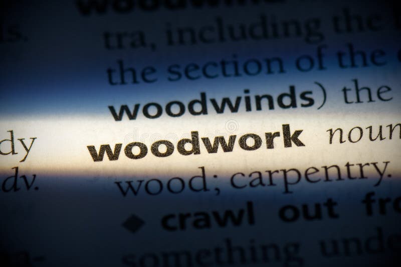 WOODWORK Word Made with Building Blocks on Wooden Board Stock Photo