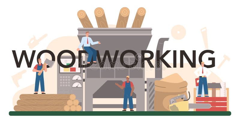 Woodworking typographic header. Logging and wood production process royalty free illustration