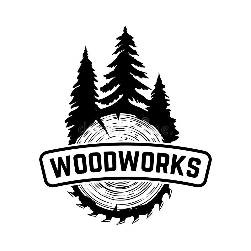 Woodworks. Emblem template with cutted wood. Design element for logo, label, emblem, sign.