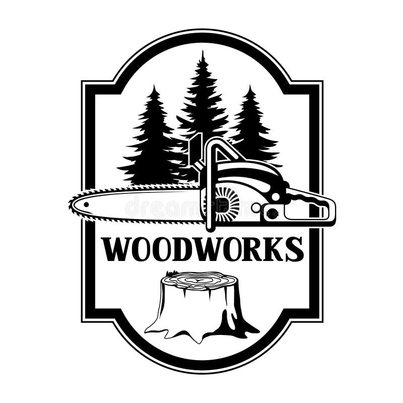 Woodworks label with wood stump and saw.Emblem for forestry and lumber industry