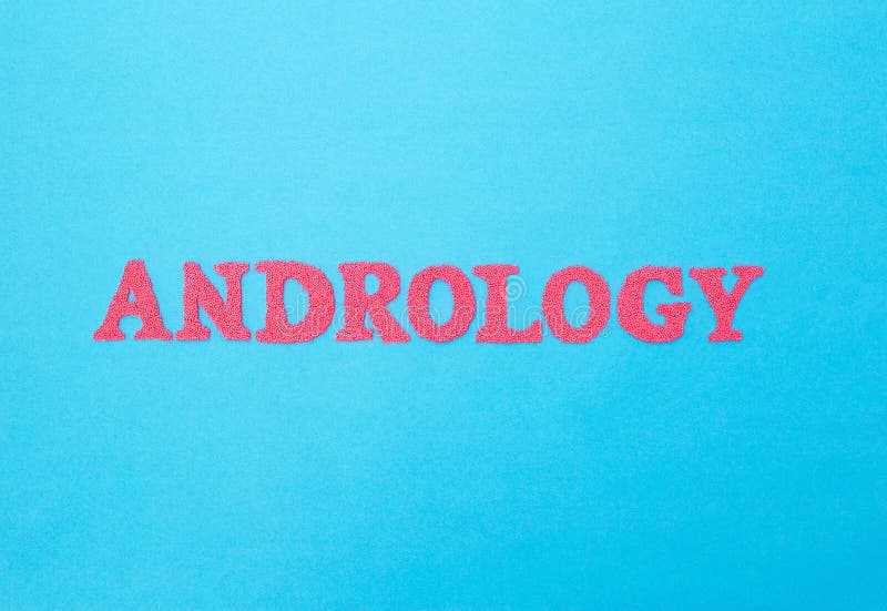 Word andrology of red letters on a blue background. The concept of the section of medicine dealing with the disease of the male genital area. Ejaculation disorders