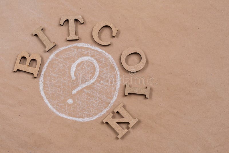 Word bitcoin in abstract letters and question mark. stock photo