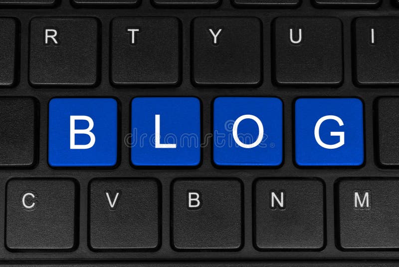 The word blog made of four blue buttons of a black keyboard close-up