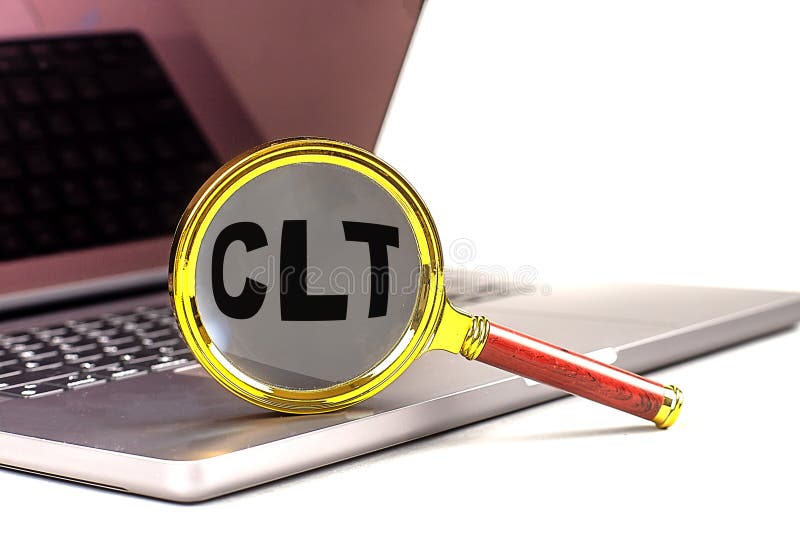 Word clt on magnifier no conceito de empresa de laptop foto de stock
