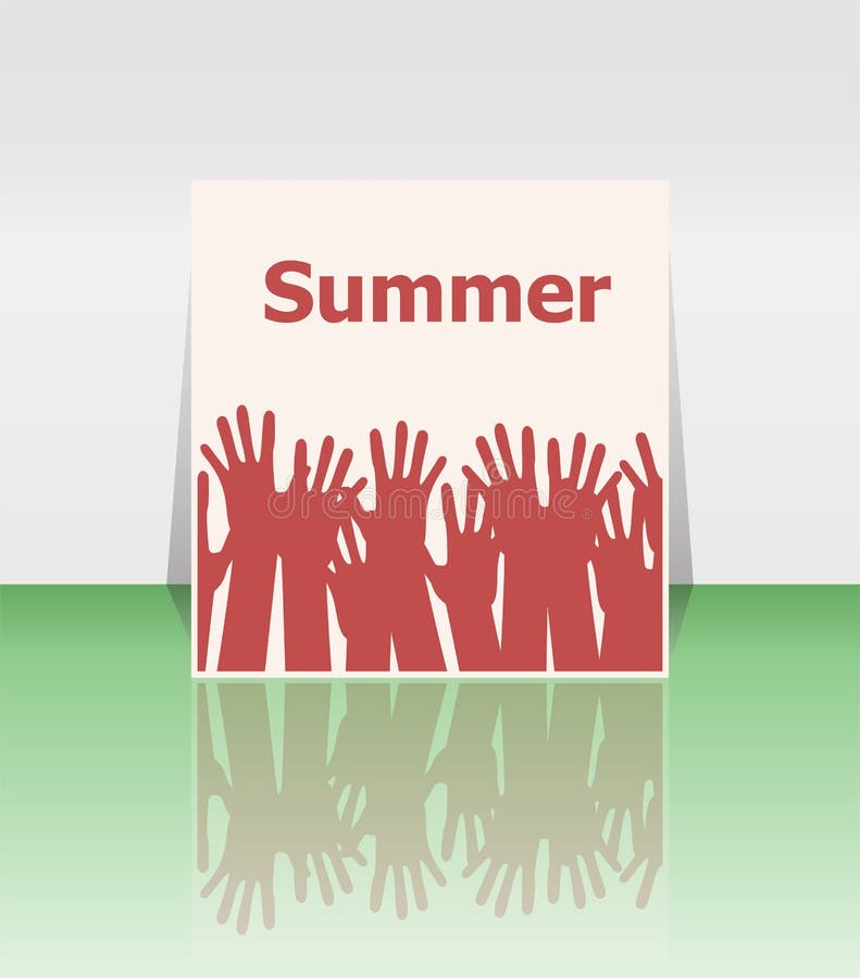 Word de zomer en mensenhanden, vakantieconcept, pictogramontwerp stock illustratie Word de zomer en mensenhanden, vakantieconcept, pictogramontwerp stock illustratie