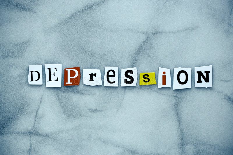 Word depression of cut letters on gray background. A word writing text showing depression. Abstract card with an inscription on gr stock photography