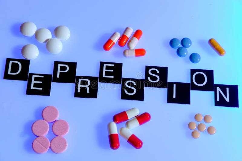 Word depression surrounded by medication