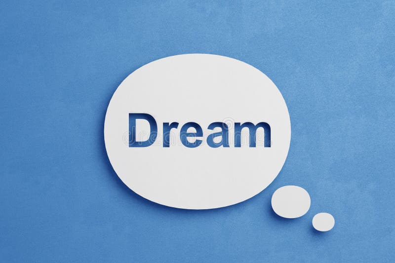 Word dream cut out in paper thought bubble floating over blue minimalistic background; 3D Illustration; new idea innovative royalty free illustration