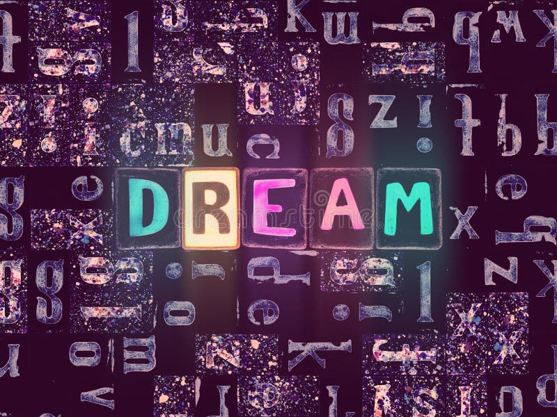 The word Dream as neon glowing unique typeset symbols, luminous letters dream stock illustration