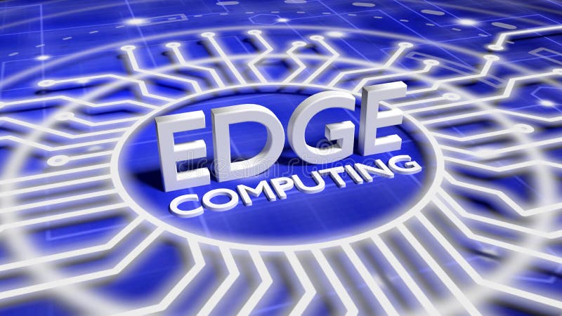 The word edge computing on a blue network surface surrounded by stock illustration
