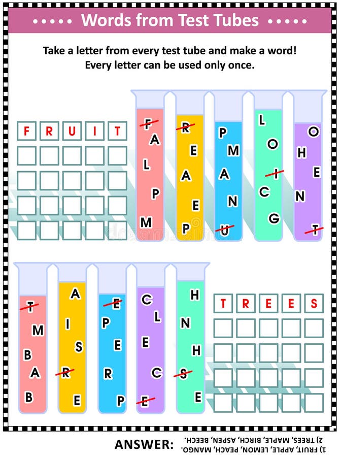 Word game English language for kids or adults: Make five words by taking a letter from each test tube. Answer included. Fruits and trees themed. Word game English language for kids or adults: Make five words by taking a letter from each test tube. Answer included. Fruits and trees themed.