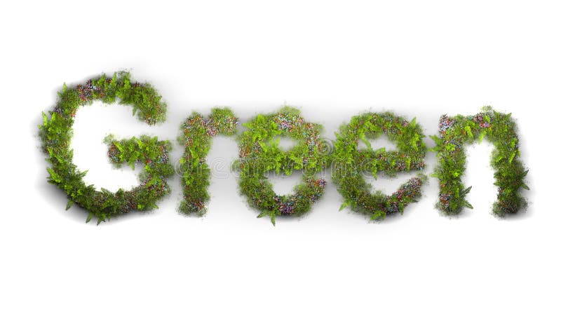 Word green typed by flowers and grass