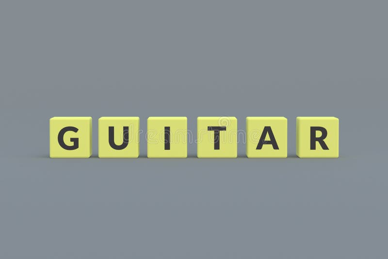 Word Guitar on Cubes Near Acoustic Instrument on Blue Background Stock