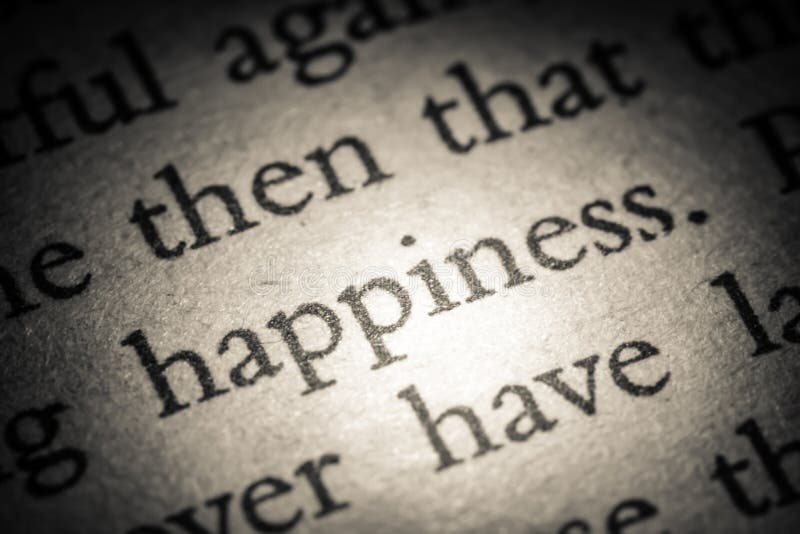 The word happiness on old page in a open book close-up macro. Vintage, grunge, old, retro style photo royalty free stock image The word happiness on old page in a open book close-up macro. Vintage, grunge, old, retro style photo royalty free stock image