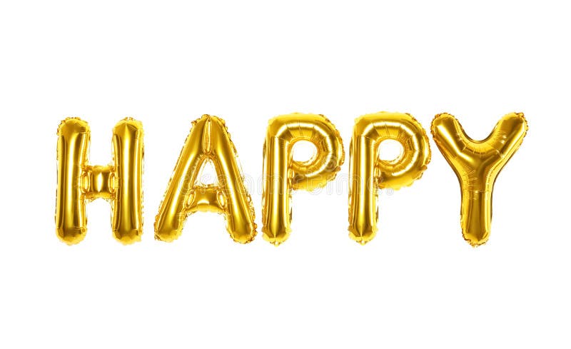 Word HAPPY κατασκευασμένο από χρυσά φύλλα μπαλονιών σε λευκό φόντο στοκ εικόνες