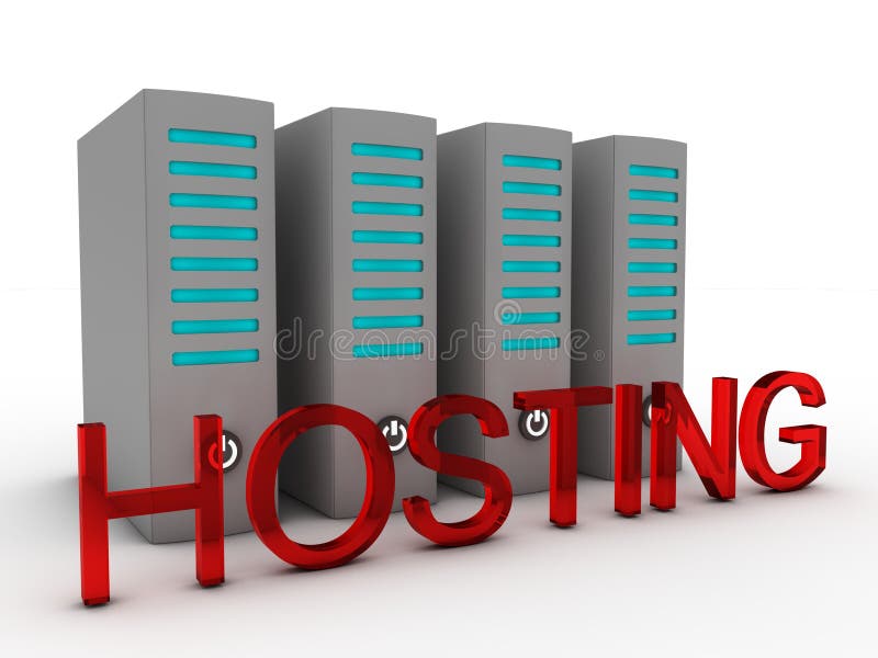 Word hosting in front of data servers. Data servers on white background.